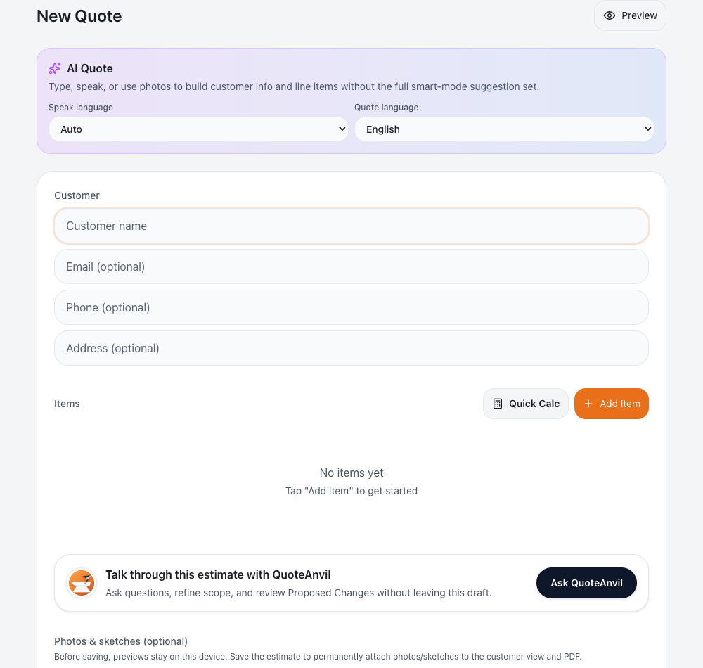 New estimate with empty customer details and no line items.